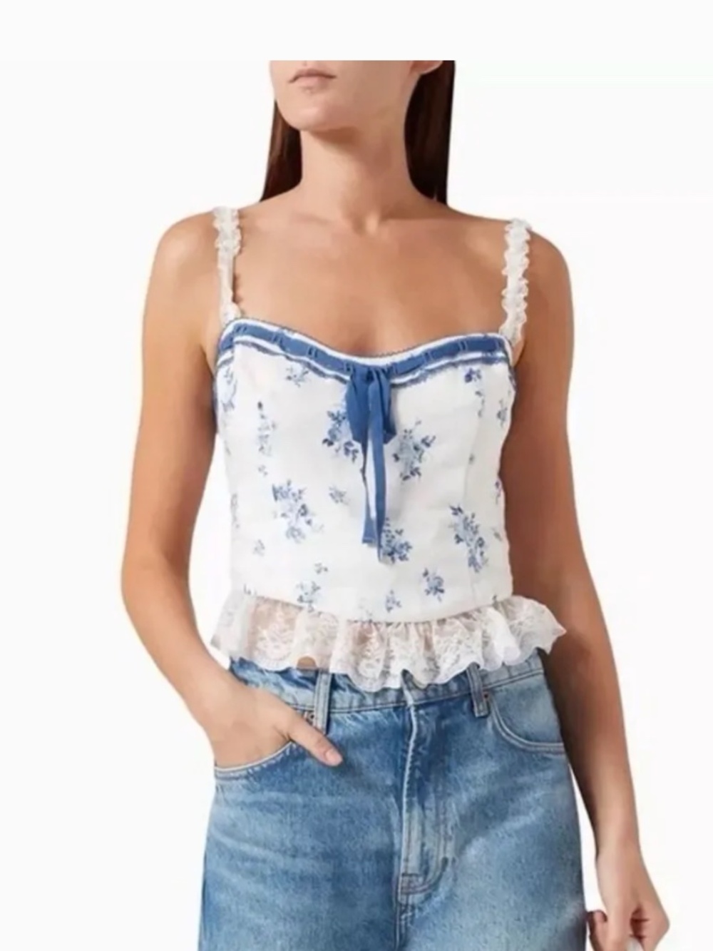 Reformation Paola linen top in the "delicacy" floral pattern